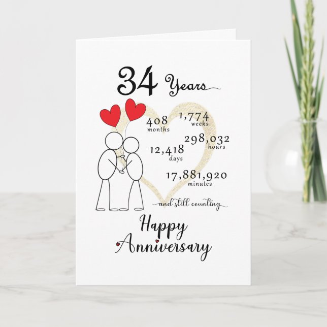 34th Wedding Anniversary Card with heart balloons (Front)