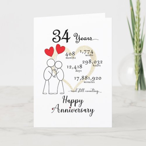 34th Wedding Anniversary Card with heart balloons