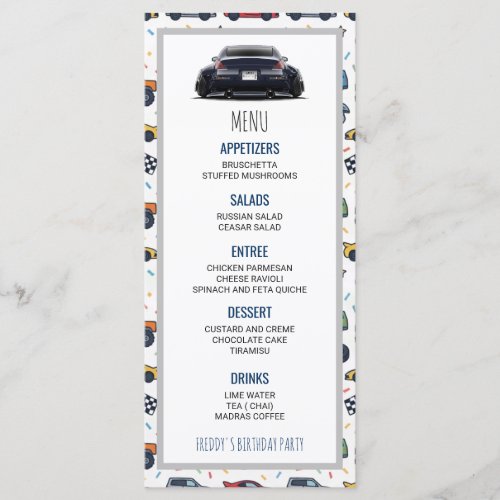 350Z Car Birthday welcome sign Menu