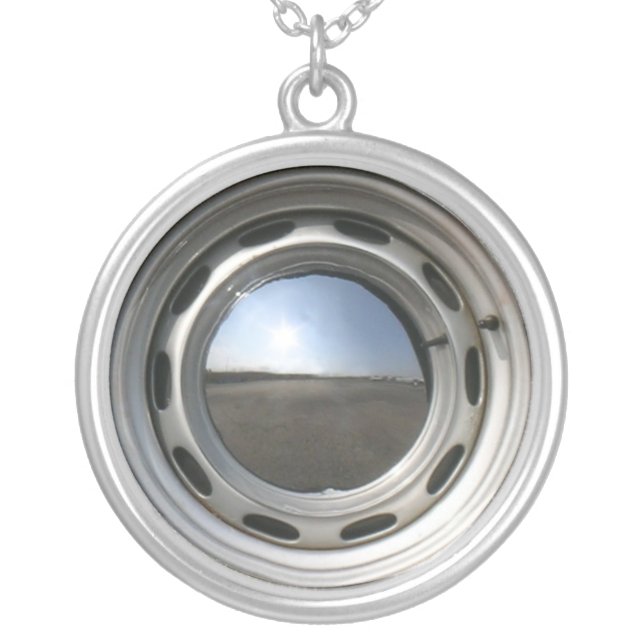 356 Classic car wheel (rim) with chrome hubcap Silver Plated Necklace (Front)