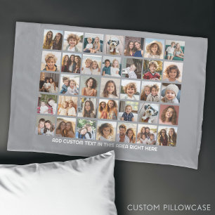 35 Photo Collage Grid - 1 Text box - grey white Pillow Case