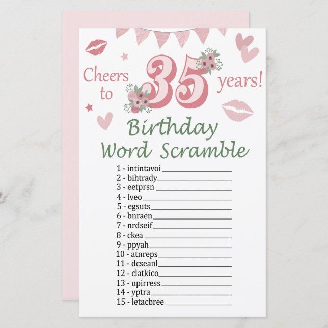 35 th Birthday Word Scramble Game (Front/Back)