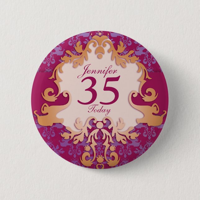 "35 Today" age name damask elephant button/badge Pinback Button (Front)