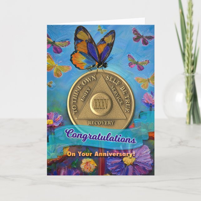 35 Year AA Anniversary Coin Butterflies Flowers Card (Front)