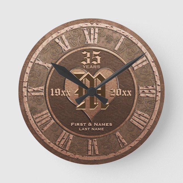 35 Year Vintage Copper Look Wedding Anniversary Round Clock (Front)