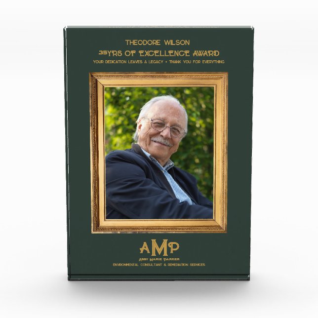 35 Years of Excellence Green Gold Monogram Photo Acrylic Award (Front)