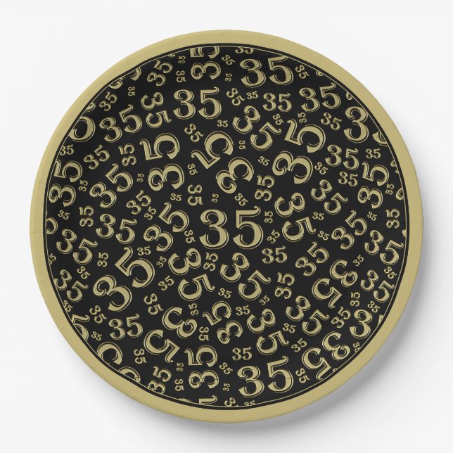 35 Years Random Number Pattern Black/Gold Paper Plates (Front)