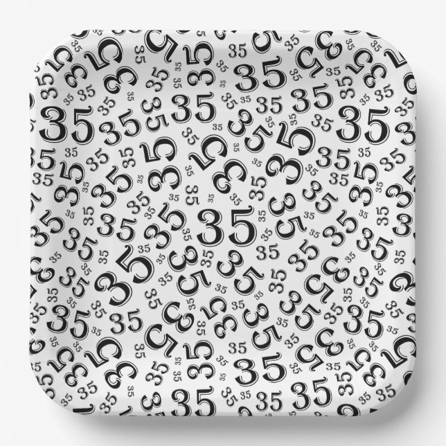35 Years Random Number Pattern Black/White Paper Plates (Front)