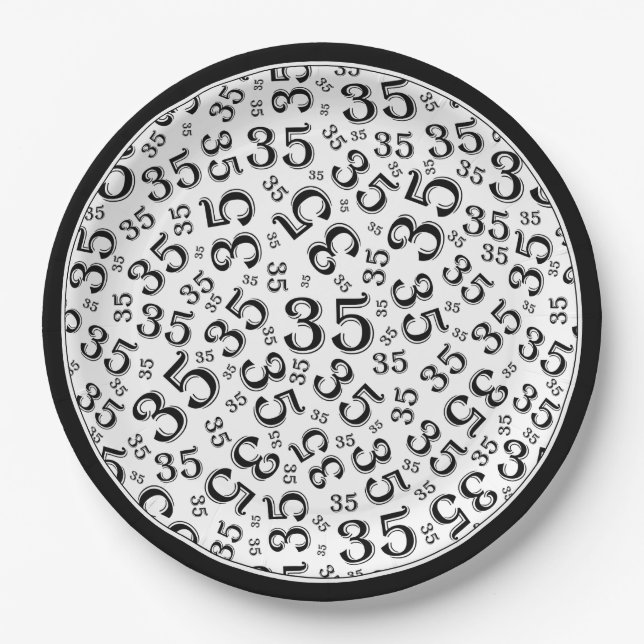 35 Years Random Number Pattern Black/White Paper Plates (Front)