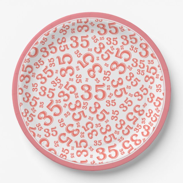 35 Years Random Number Pattern Coral/White Paper Plates (Front)