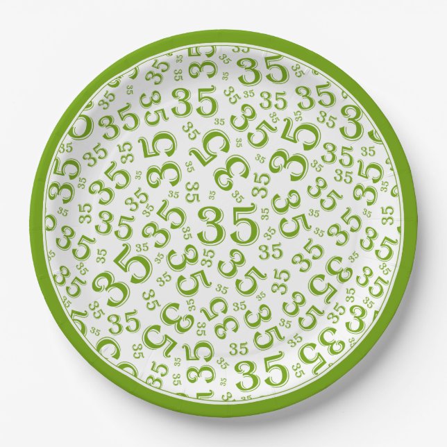 35 Years Random Number Pattern Green/White Paper Plates (Front)