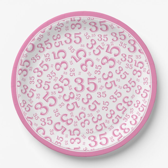 35 Years Random Number Pattern Pink/White Paper Plates (Front)