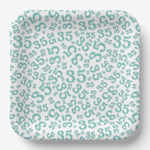 35 Years Random Number Pattern Teal/White Paper Plates