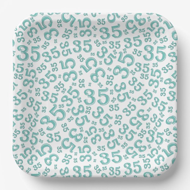 35 Years Random Number Pattern Teal/White Paper Plates (Front)