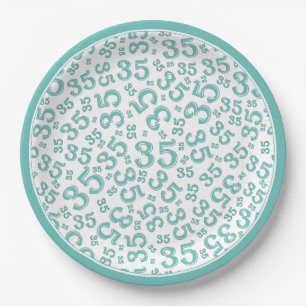 35 Years Random Number Pattern Teal/White Paper Plates