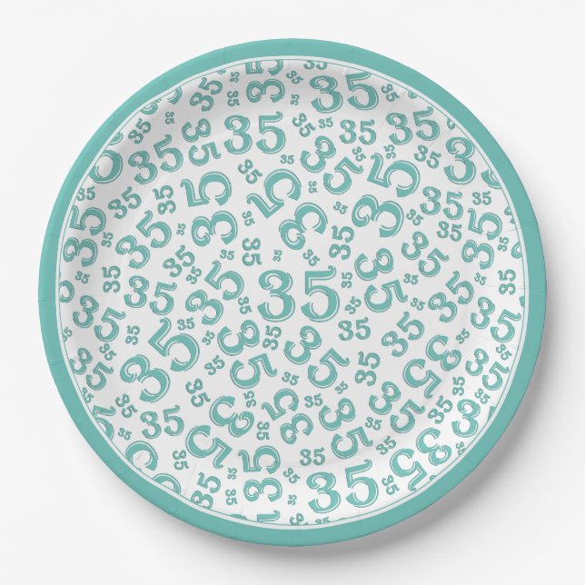 35 Years Random Number Pattern Teal/White Paper Plates (Front)