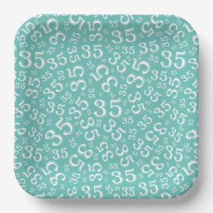 35 Years Random Number Pattern Teal/White Paper Plates