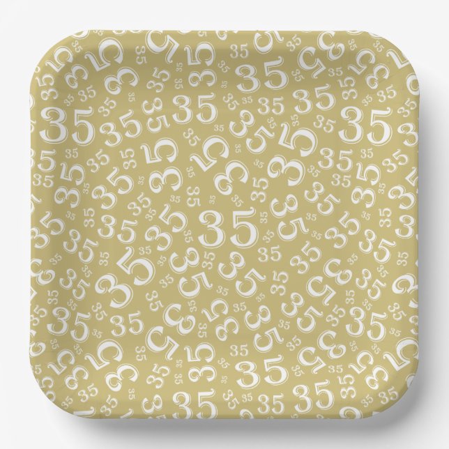 35 Years Random Number Pattern White/Gold Paper Plates (Front)