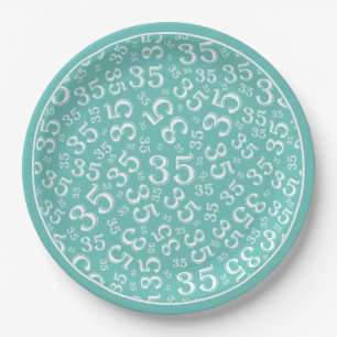 35 Years Random Number Pattern White/Teal Paper Plates