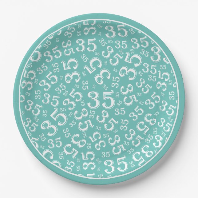 35 Years Random Number Pattern White/Teal Paper Plates (Front)