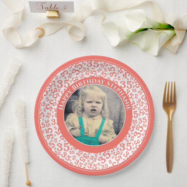35 Your Photo Random Number Pattern Coral/White Paper Plates (Wedding)