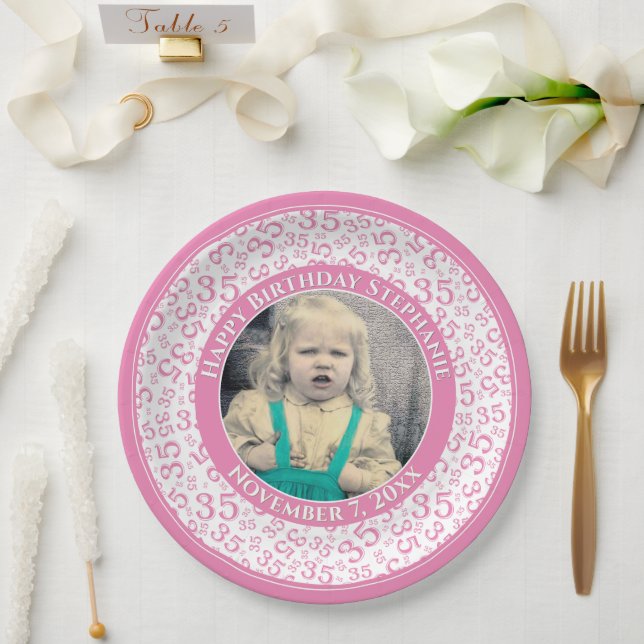 35 Your Photo Random Number Pattern Pink/White Paper Plates (Wedding)