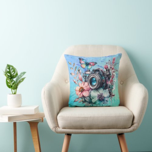 35mm Camera amid Flowers and Butterfly  Throw Pillow