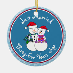 35th Anniversary Gift Fun Snow Couple Christsmas Ceramic Ornament