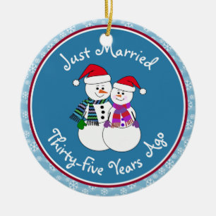 35th Anniversary Gift Fun Snow Couple Christsmas Ceramic Ornament