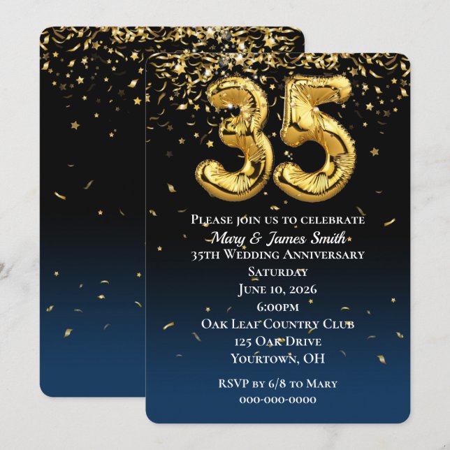 35th Anniversary Gold Balloons & Confetti Invitation (Front/Back)