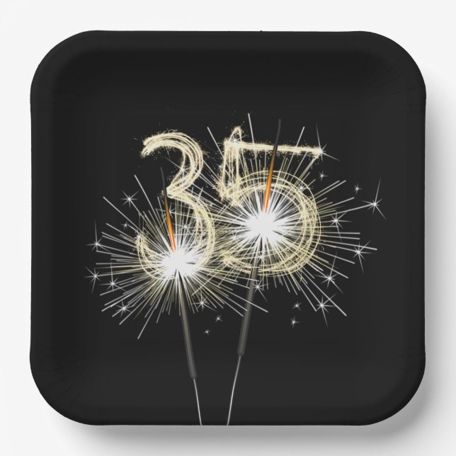 35th Anniversary Party Sparklers on Black   Paper Plates (Front)