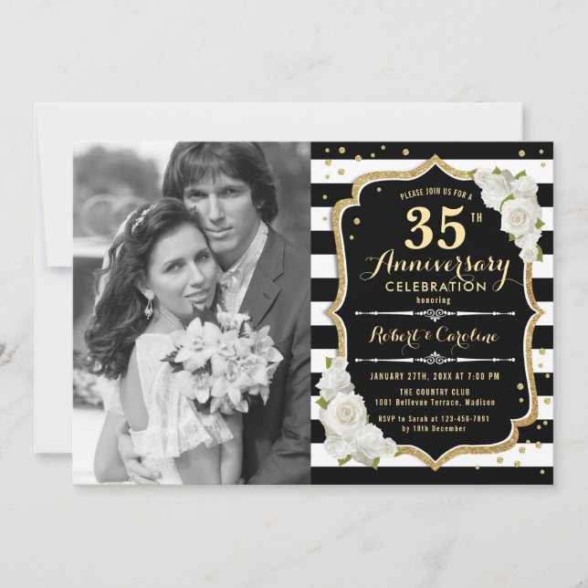 35th Anniversary with Photo - Gold Black Invitation (Front)