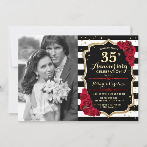 35th Anniversary with Photo _ Gold Black Red Invitation