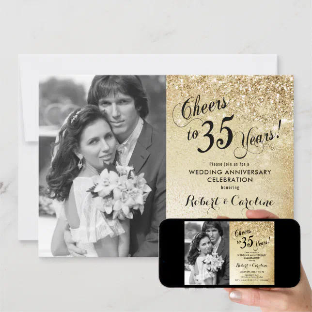 35th Anniversary with Photo - Gold Invitation | Zazzle