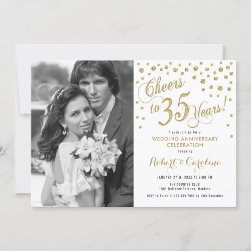 35th Anniversary with Photo _ Gold White Invitation