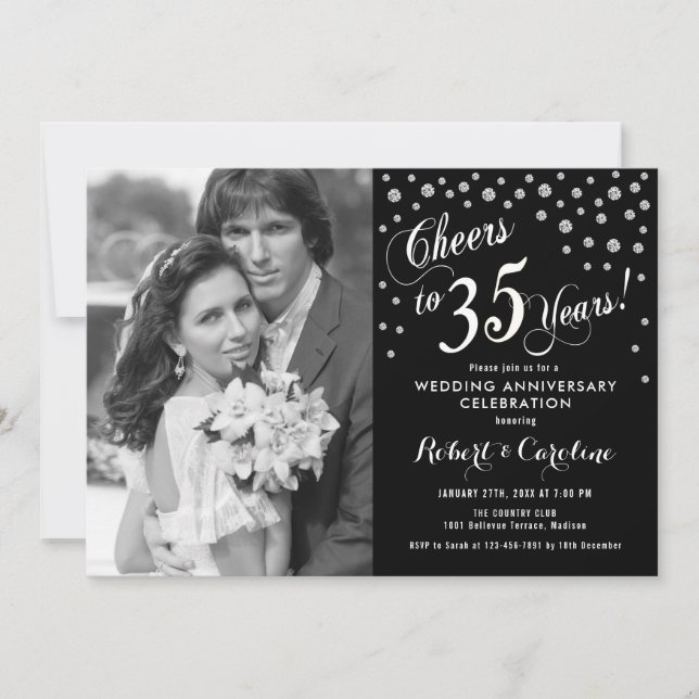 35th Anniversary with Photo - Silver White Black Invitation (Front)