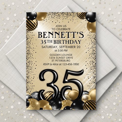 35th Balloons Black Gold Birthday Invitation