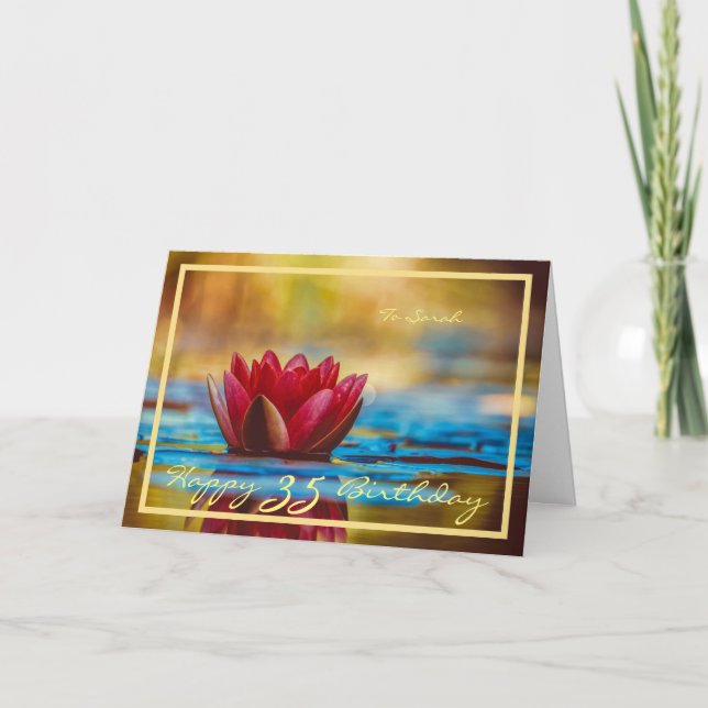 35th Bday Sarah Red Water Lily Elegant Gold Frame Card (Front)