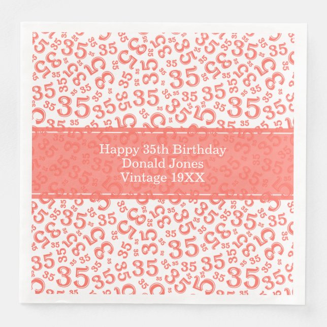 35th Birthday Age Number Pattern Coral/White Paper Dinner Napkins (Front)