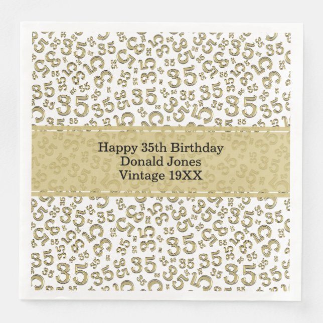 35th Birthday Age Number Pattern Gold/White Paper Dinner Napkins (Front)