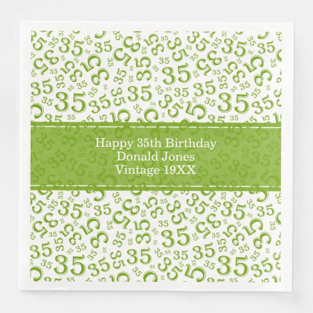 35th Birthday Age Number Pattern Green/White Paper Dinner Napkins (Front)
