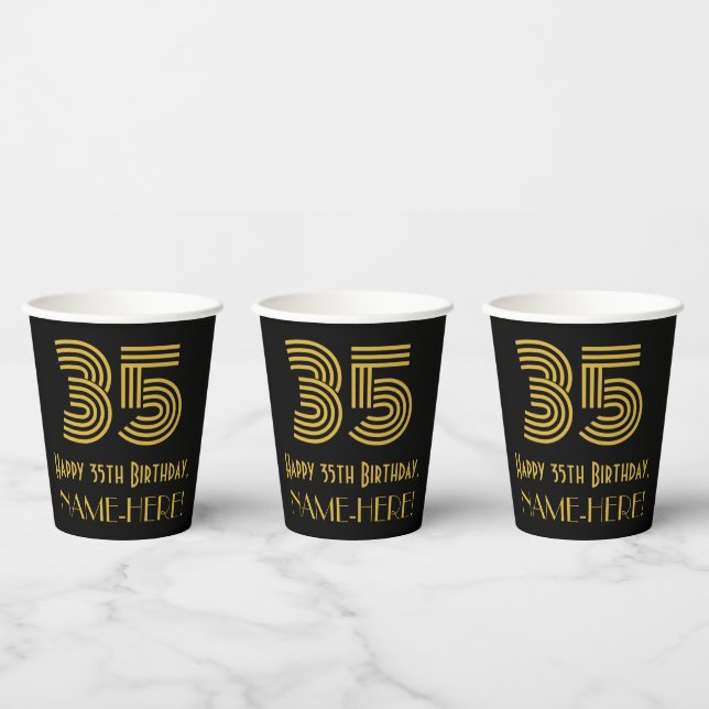 35th Birthday: Art Deco Inspired Look “35” & Name Paper Cups (Multi)