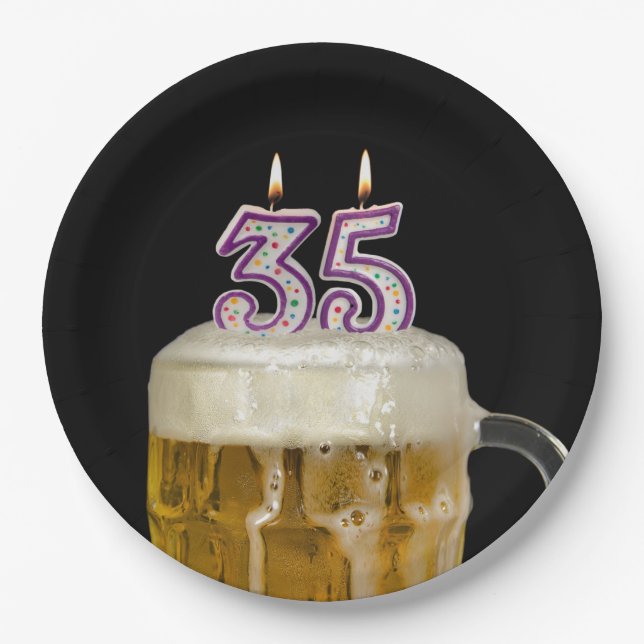 35th Birthday Beer on black Paper Plates (Front)