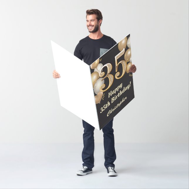 35th Birthday Black and Gold Balloons Extra Large Card (In Situ)