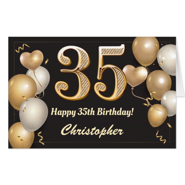 35th Birthday Black and Gold Balloons Extra Large Card (Front Horizontal)