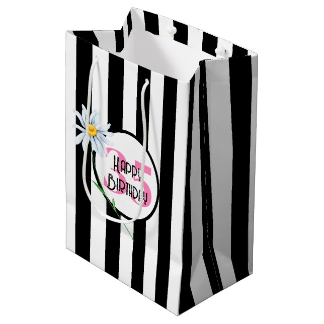 35th Birthday Black And White Stripes Medium Gift Bag (Front Angled)