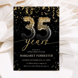 35th Birthday Black Gold Glitter Glam Sparkle Invitation