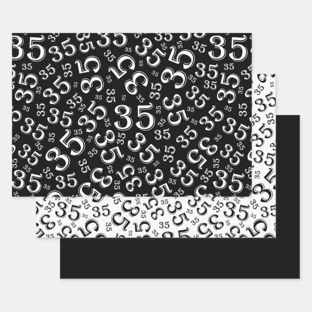 35th Birthday Black/White Random Number Pattern 35 Wrapping Paper Sheets (Set)