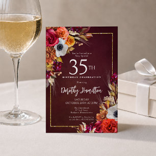 35th Birthday Burgundy Fall Flowers Elegant Script Invitation