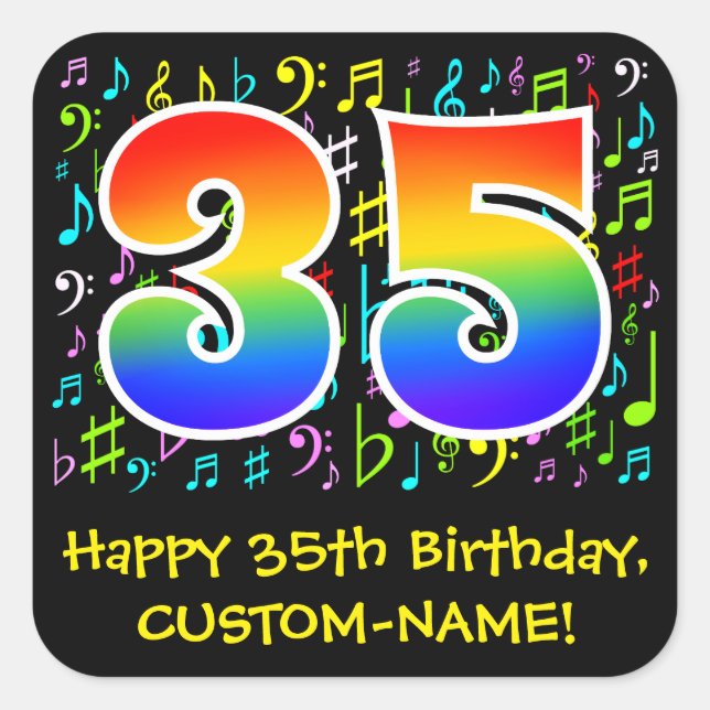 35th Birthday: Colorful Music Symbols, Rainbow 35 Square Sticker (Front)